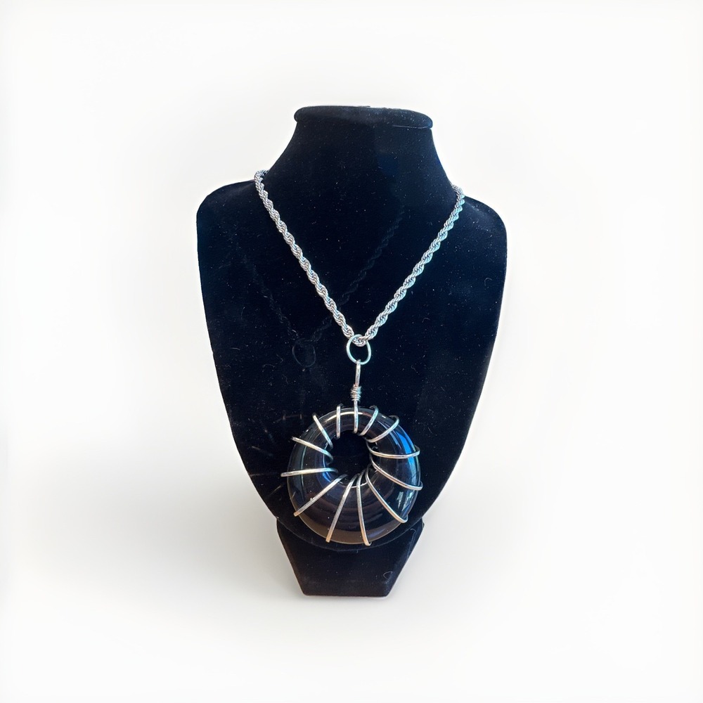 Handmade Black  Wire Wrapped Donut Pendant Necklace Silver Tone